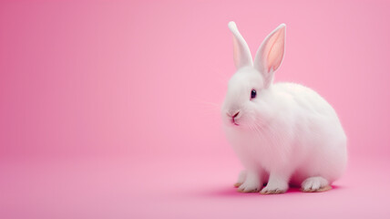 Naklejka na ściany i meble White rabbit on a pink background, a fluffy white rabbit sitting calmly, soft pink background