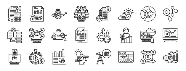 Fototapeta na wymiar set of 24 outline web business analytics icons such as database, report, vision, data sharing, target, solution, allocation vector icons for report, presentation, diagram, web design, mobile app