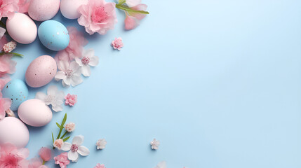 Fototapeta na wymiar Easter background, pastel Easter eggs and spring pink blossoms graces the top edge of a serene blue background, providing a spacious area for heartfelt Easter wishes.