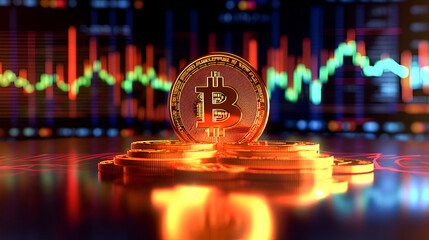 A Bitcoin coin is cast in golden hues against a neon graph backdrop, representing the digital pulse of cryptocurrencies.