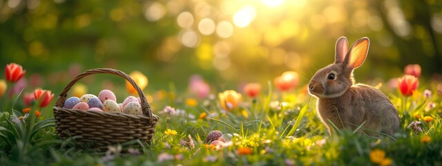 Easter bunny sits on grass near basket with colorful Easter eggs. - Powered by Adobe