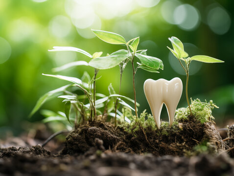 Tooth with plants on the ground isolated over light background. Eco friendly dentistry concept. Shallow depth of field.