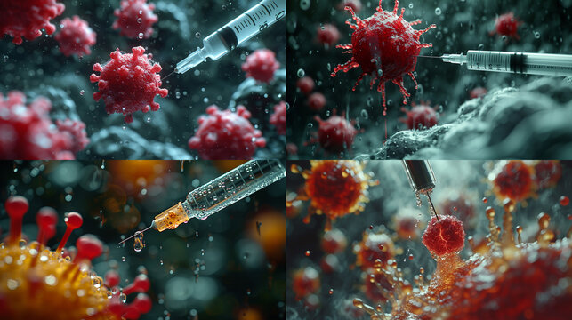 Macro image of a needle being stuck into a cancer cell. cinematic color, realistic illustration, modern medicine, dangerous disease,