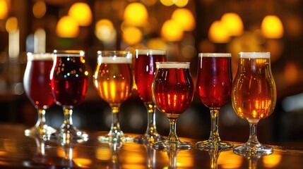Different sorts of beer on bar table. A cloudy wheat beer in a traditional weizen glass, boasting hints of citrus and a creamy head.