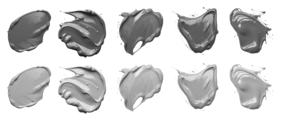  2 Collection set of dark light grey gray, blob paint ink liquid smear smudge swatch cream gel wax on transparent background cutout, PNG file. Many different design. Mockup template artwork graphic
