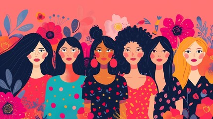 Women with colorful flowers. Beautiful creative banner for International Women's Day on March 8th