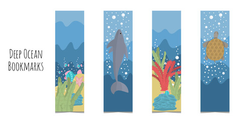 Set of cute kids bookmarks for reading books. Ocean animals with corals, seaweeds, turtle, shark, waves and bubble. Template of paper book separators. Isolated on white background.