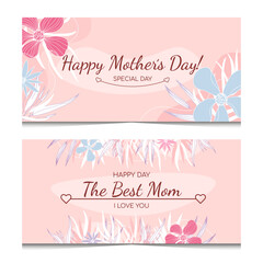 Two horizontal greeting cards in pink colors. Mother's Day postcards. Horizontal templates with elegant colored doodle leaves and flowers. Isolated on white background. Happy Mothers day card.