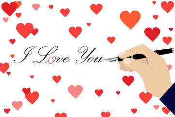 Romantic postcard with hearts. The hand writes the text - I love you. Vector  - 727749175