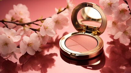 Peach color blush beauty product advertising concept multiple layers of a compact makeup case - obrazy, fototapety, plakaty