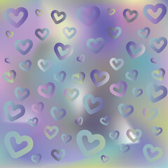 square Holographic hearts pattern or print for fabric, scarf, shawl, carpet. Iridescent pattern background. Iridescent rainbow holograms. Vector pastel neon color design. steamy effect 