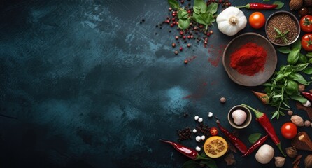 Assorted Fresh Vegetables and Spices on a Dark Kitchen Counter	