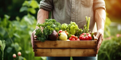 Person holding a crate of vegetables in a garden.