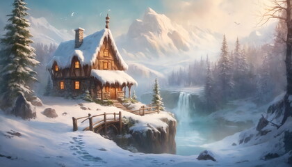 Enchanted Winter Cabin at Twilight in Snowy Forest.A picturesque scene unfolds as a cozy cabin with illuminated windows nestles in a tranquil, snow-covered forest, under a twilight sky.