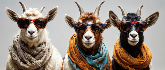 Three goats in glasses and scarves. AI