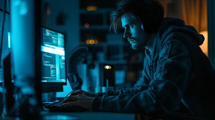 a hiding professional hacker looking at his computer at night, online cybercrime, computer virus distribution. Internet crime concept. generative AI