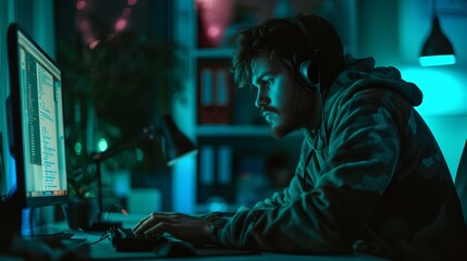Fototapeta na wymiar a hiding professional hacker looking at his computer at night, online cybercrime, computer virus distribution. Internet crime concept. generative AI
