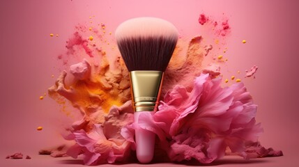 Pink and Yellow Makeup Brush on Pink powder Background