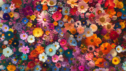 Abstract explosion of digital flowers, blooming in a riot of colors and shapes on a virtual canvas - obrazy, fototapety, plakaty