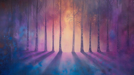 Ethereal forest of glowing, abstract trees casting shadows on a misty, luminescent ground