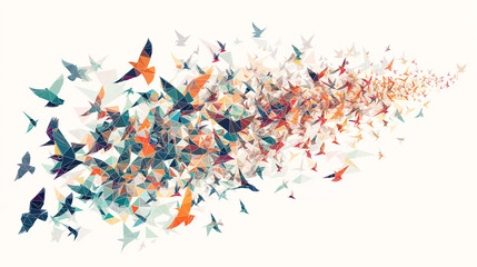 Explosion of digital pixels transforming into a flock of abstract, geometric birds