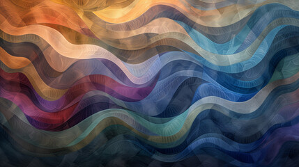 Abstract pattern av colorful waves, tapestry woven from threads of light, shadow, and color, undulating in a digital breeze