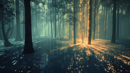 Ethereal forest of glowing, abstract trees casting shadows on a misty, luminescent ground