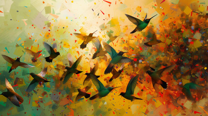 Explosion of digital pixels transforming into a flock of abstract, geometric birds