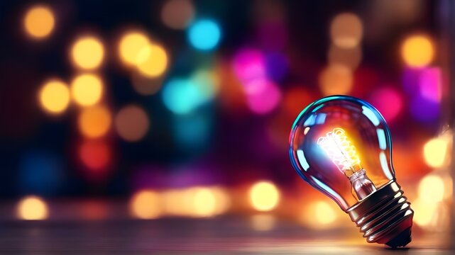 Closeup glowing light bulb isolated on dark bokeh colorful background. Inspiration, motivation for success, think big ideas, leadership concept. World Creativity and Innovation Day April 21