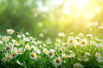 A large field with many daisy flowers and green grass. close-up
