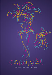 Carnival Brazil 2024 handwritten typography colorful logo party girl samba dancer music carnival elements isolated on purple background poster