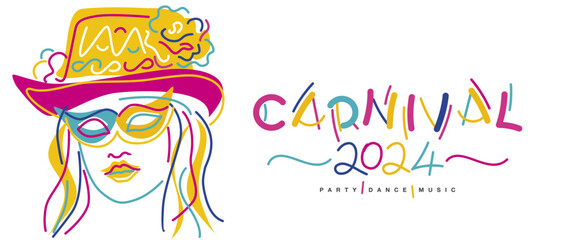 Venice 2024 carnival party dance music. Handwritten typography colorful logo party masked man isolated on white background poster