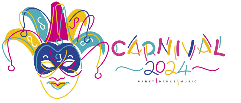 Venice 2024 carnival party dance music. Handwritten typography colorful logo party masked harlekin isolated on white background poster