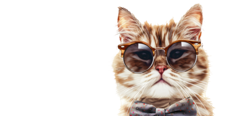 stylish cat wearing sunglasses and bow tie exuding confidence and flair on white background.