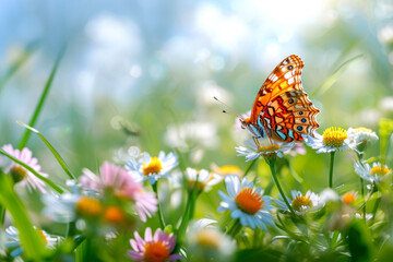 Fototapeta na wymiar Spring flower meadow and a beautiful butterfly sitting on a flower