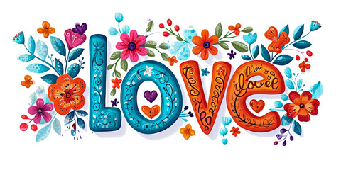 love written in different flowers on a white background on a Valentine's theme