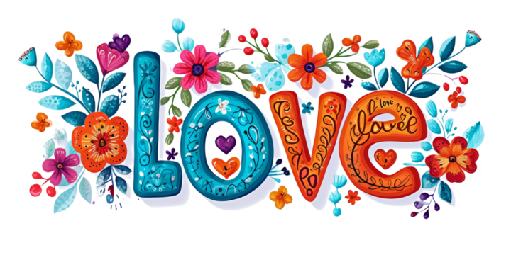 love written in different flowers on a white background on a Valentine's theme