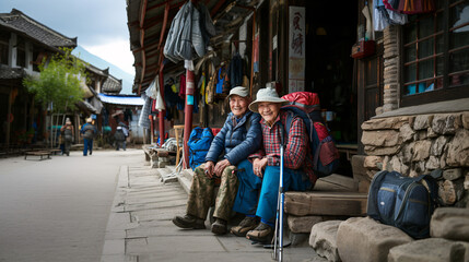 smiling asians at the street in the city