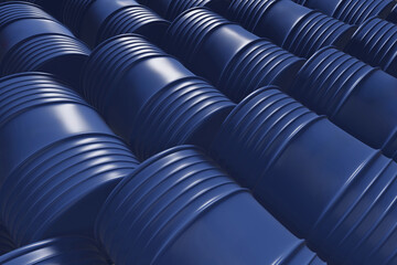 Blue painted oil and gasoline barrels lined up next to each other - obrazy, fototapety, plakaty