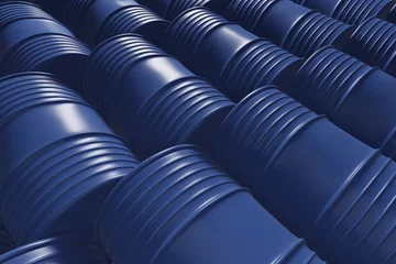 Fotobehang Blue painted oil and gasoline barrels lined up next to each other © yalcinsonat