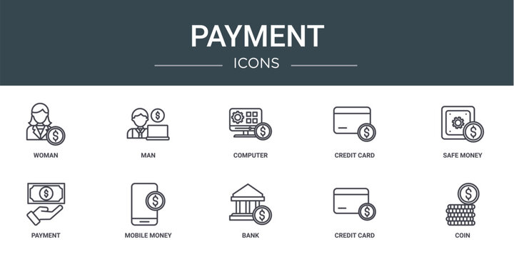 set of 10 outline web payment icons such as woman, man, computer, credit card, safe money, payment, mobile money vector icons for report, presentation, diagram, web design, mobile app