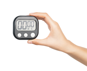 Clipping path, hand holding stopwatch on isolated white background.