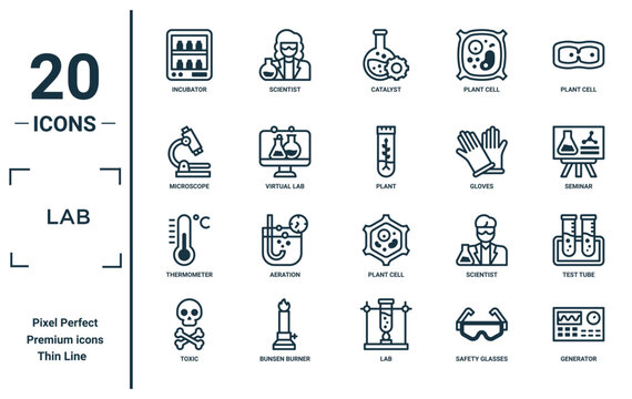 lab linear icon set. includes thin line incubator, microscope, thermometer, toxic, generator, plant, test tube icons for report, presentation, diagram, web design