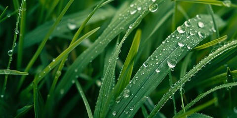 Close-up of green grass with dew drops in the morning raindrop,