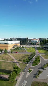 Aerial view of the area in front of Oodi Library in Helsinki, Finland.