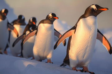 Capturing Penguins in Action on Icy Terrain Bathed in the Morning Sun, Evoke the Beginning of a New Day.