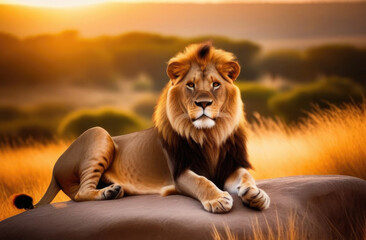 one strong beautiful lion lies on a stone in the desert in natural environment, beautiful savanna...