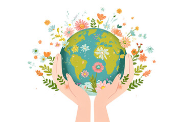 Illustrative hands cradle the Earth adorned with blooming flowers, symbolizing care and nurture