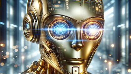 a robot with artificial intelligence, a gold robot is in the office, check cyber security.