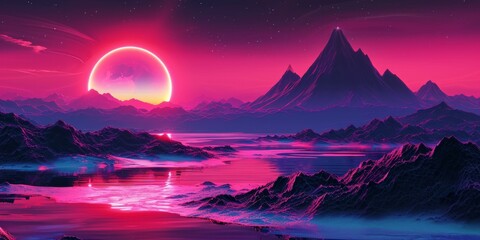 Retro wave and synthwave digital landscape, Vaporwave, synthwave retro style neon landscape background with palms, sunset